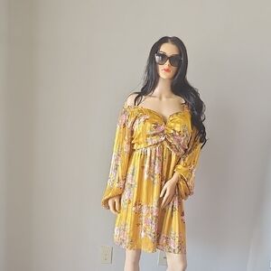 Forever 21 Mustard Yellow Floral Off-Shoulder Mini Dress